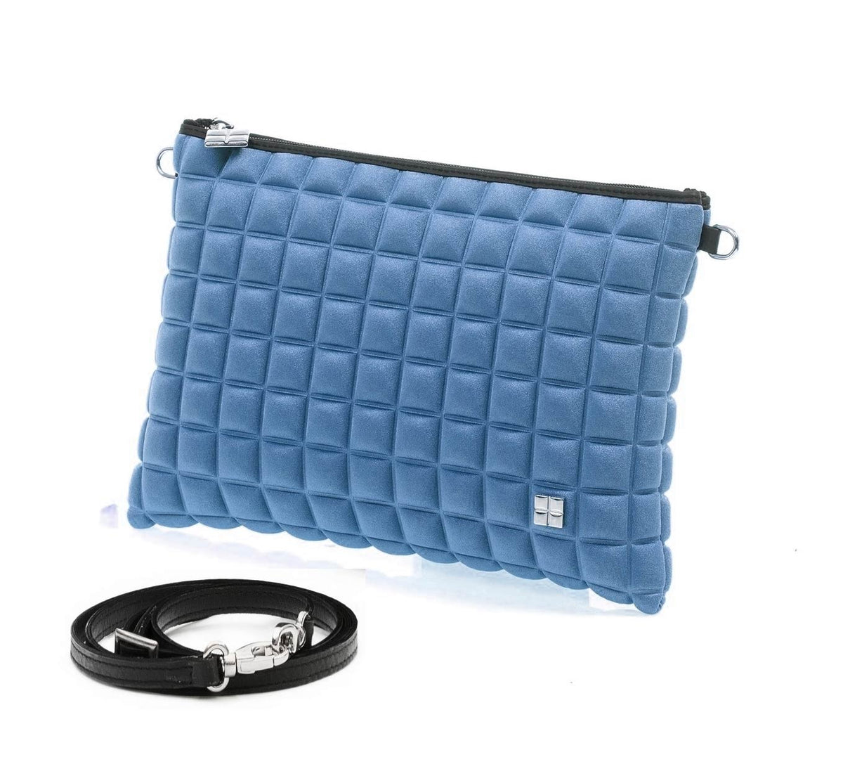 una borsetta da donna della collezione BPrime Bags, modello clutch, realizzata con il tessuto riciclato termoformato 3D Cube, con chiusura a zip logo BPrime in metallo, color verde militare.