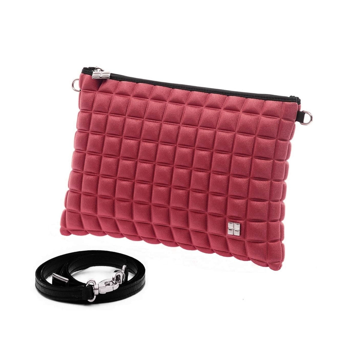 una borsetta da donna della collezione BPrime Bags, modello clutch, realizzata con il tessuto riciclato termoformato 3D Cube, con chiusura a zip logo BPrime in metallo, color verde militare.