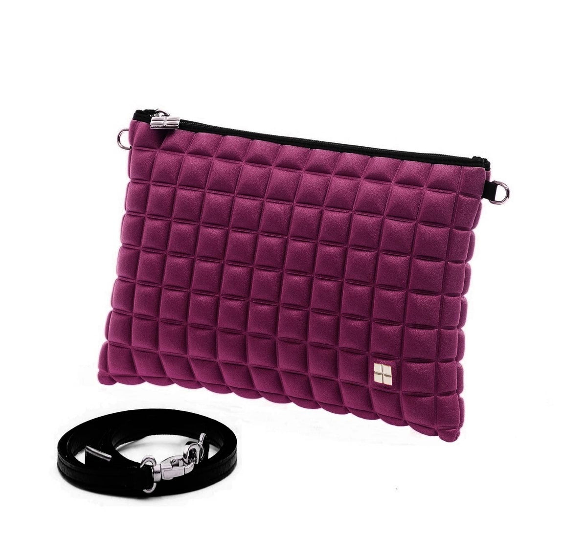 una borsetta da donna della collezione BPrime Bags, modello clutch, realizzata con il tessuto riciclato termoformato 3D Cube, con chiusura a zip logo BPrime in metallo, color verde militare.